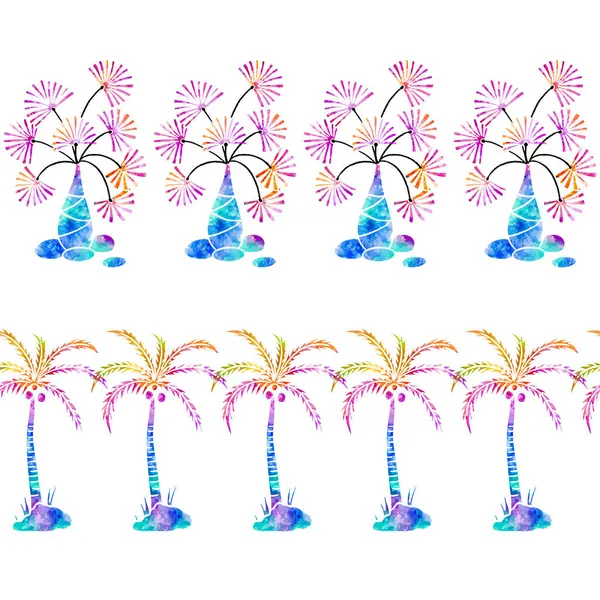 Vivid Palm Tree Flower Vase Watercolor Vector Horizontal Borders Set — Stock Vector