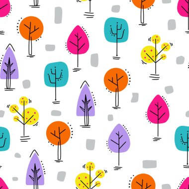 Şirin Renkli Karalama Ağaçları Vektör Kusursuz Desen