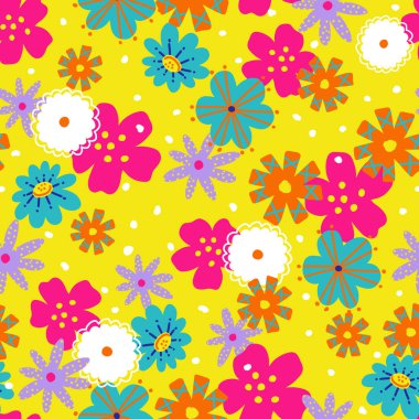 Parlak Renkli Çağdaş Çiçekler Vektör Kusursuz Desen
