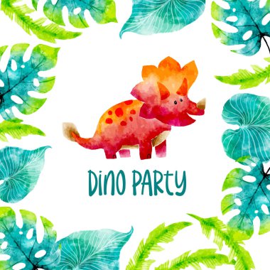 Şirin Suluboya Triceratops Dinozor Vektör Kartı Arkaplanı  