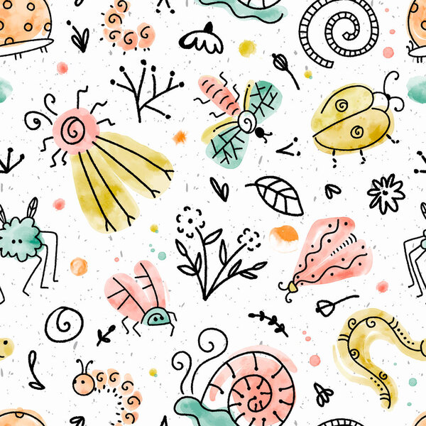 Watercolor Doodle Summer Bugs Vector Seamless Pattern