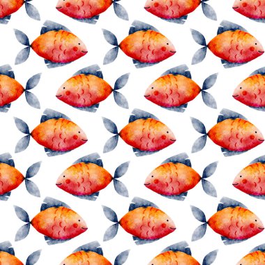 Kırmızı Turuncu Suluboya Balık Kusursuz Desenli