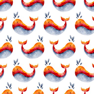 Şirin Turuncu Bebek Balinalar Su Boyası Kusursuz Desen