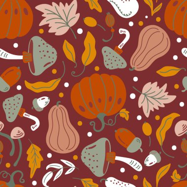 Sonbahar Sonbahar Balkabakları ve Botanik Vektörü Kusursuz Desen