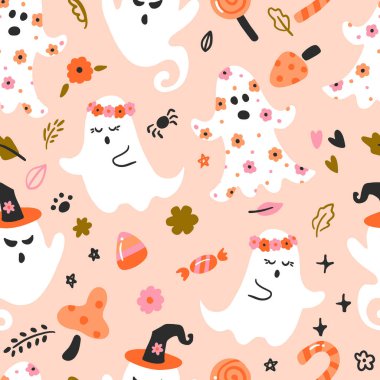 Şirin Beyaz Hayalet Vektör Kusursuz Desen