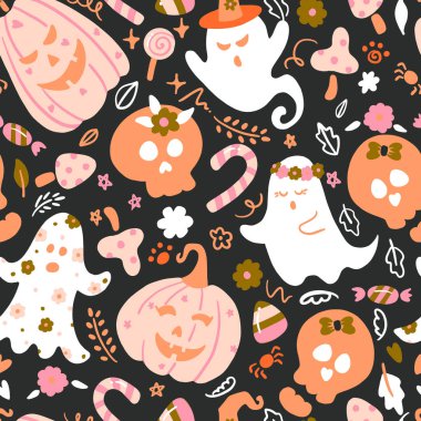 Şirin Cadılar Bayramı Balkabakları ve Hayalet Vektörü Kusursuz Desen