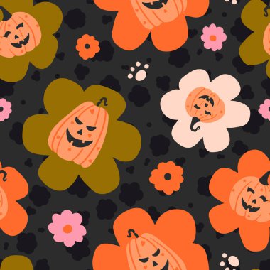 Çiçeklerdeki Cadılar Bayramı Jack O Fenerleri Vektörsüz Desenli