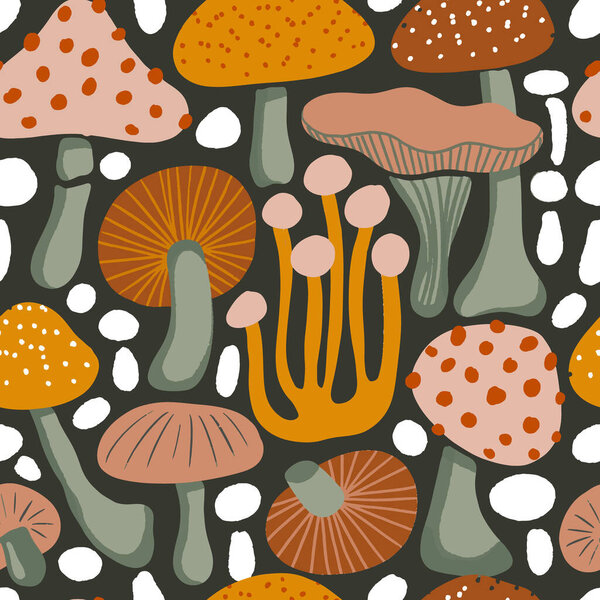 Fall Mushrooms Farm Vector Seamless Pattern