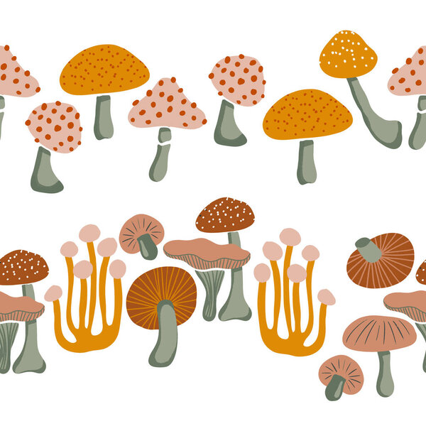 Autumn Mushrooms Vector Seamless Horizontal Borders Set