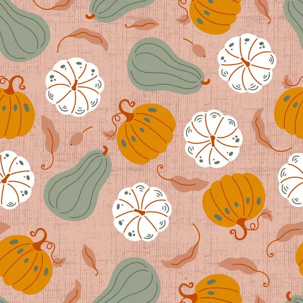 Autumn Pastel Pumpkins Leaves Vector Seamless Pattern — Stock Vector