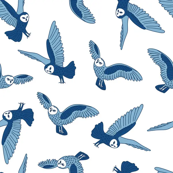 Bleu Monochrome Hibou Oiseaux Vectoriel Motif Sans Couture — Image vectorielle