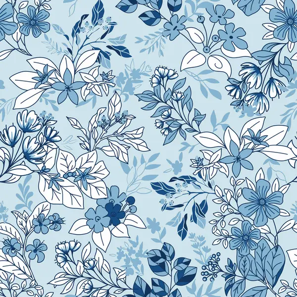 Bleu Monochrome Botaniques Vectoriel Modèle Sans Couture — Image vectorielle