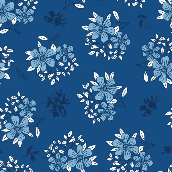 Blue Monochrome Floral Bunches Vector Seamless Pattern — Stock Vector