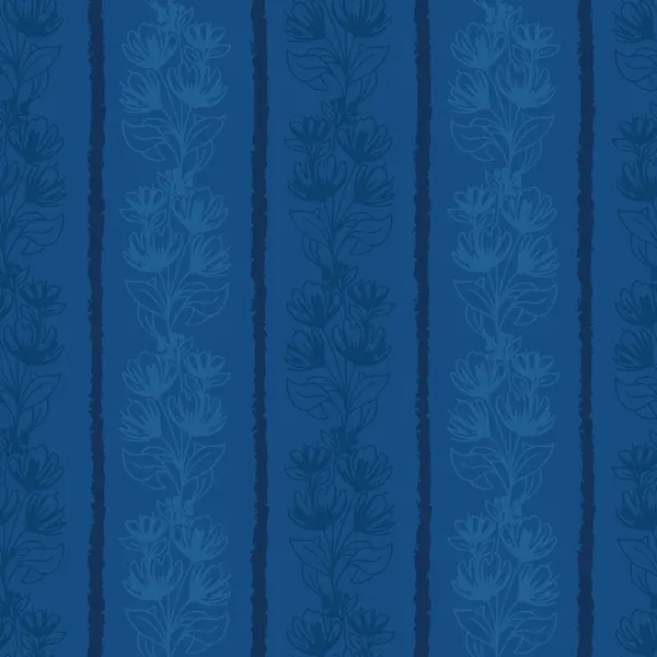 Bleu Monochrome Branches Florales Vectorielles Rayures Sans Couture Modèle — Image vectorielle