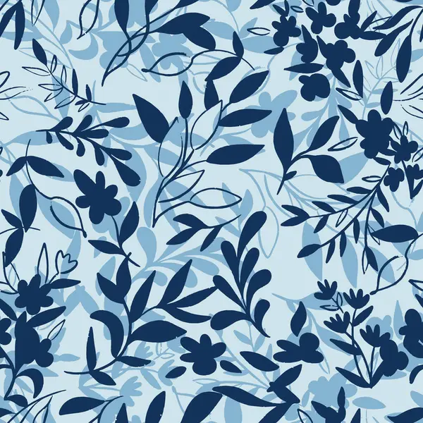 Blue Monochrome Foliage Branches Vector Seamless Pattern — Stock Vector