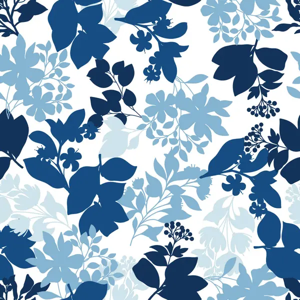 Blue Monochrome Foliage Vector Seamless Pattern — Stock Vector