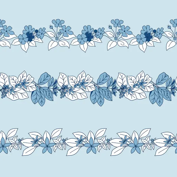 Blue Monochrome Botanicals Vector Seamless Horizontal Borders Set — Stock Vector