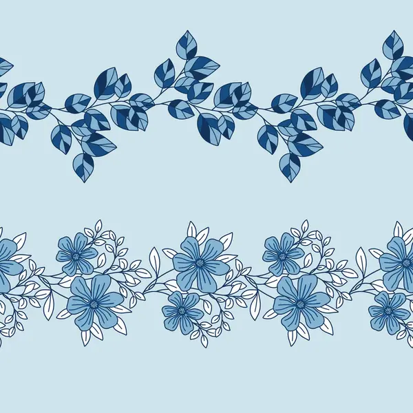 Blue Monochrome Flowers Vector Seamless Horizontal Borders Set — Stock Vector