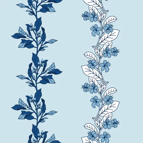 Blue Monochrome Floral Bunch Vector Seamless Vertical Borders Set — Stock Vector