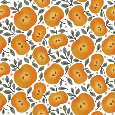 Sonbahar Dilimlenmiş Elmalar ve Yapraklar Kusursuz Desen