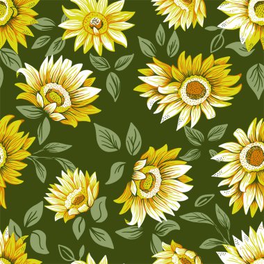 Yeşil Arkaplanda Ayçiçekleri ve Yapraklar Kusursuz Kalıp