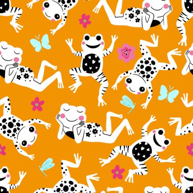 Happy Frogs and Flowers Vector Seamless Pattern clipart