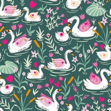 Anne ve Bebek Kuğu Aşk Vektörü Kusursuz Desen