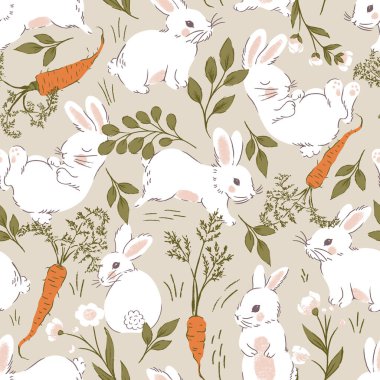 Havuçlu Yumuşak Beyaz Tavşanlar Vektör Kusursuz Desen