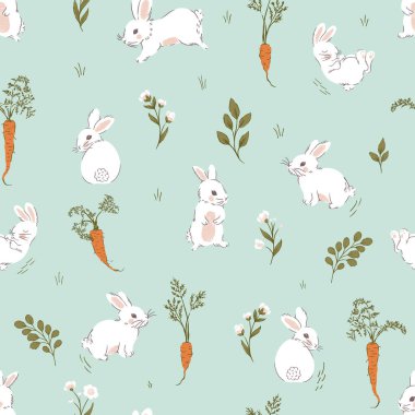 Şirin Beyaz Tavşanlar Vektör Kusursuz Desen