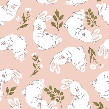 Tatlı Uyuyan Beyaz Tavşan Vektörü Kusursuz Desen