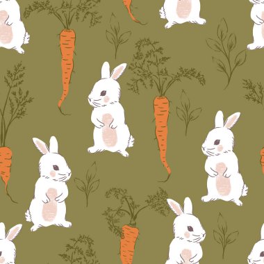 Havuçlu Beyaz Ayaklı Tavşanlar Vektör Kusursuz Desen