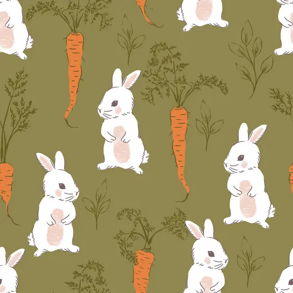 Havuçlu Beyaz Ayaklı Tavşanlar Vektör Kusursuz Desen