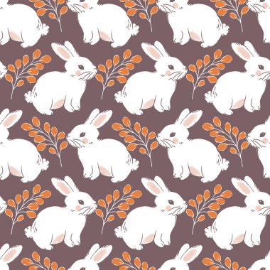 Şirin Beyaz Tavşan Oturan Vektör Kusursuz Desen