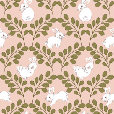 Yapraklar İçinde Şirin Beyaz Tavşanlar Geometrik Vektörsüz Desenli