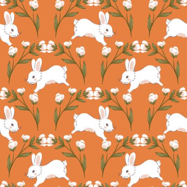 Çiçeklerin Altındaki Beyaz Tavşanlar Vektörsüz Desen