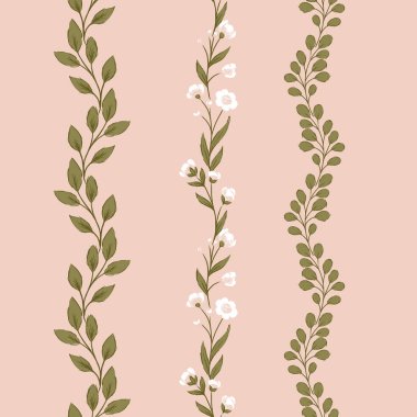 Hassas Yeşil Yapraklar ve Beyaz Çiçekler Vektörsüz Dikey Kenarlıklar Ayarlandı