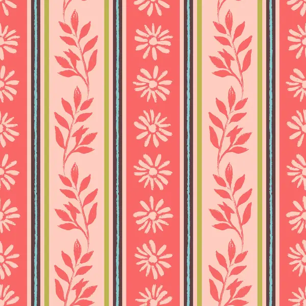 Tatlı Çiçek ve Yaprak Çizgili Vektör Kusursuz Desen