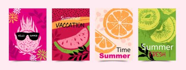 Taze Damgalanmış Yaz Meyveleri Vektör Kartları Ayarları