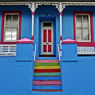 Cape Town, Güney Afrika 'daki Bo Kaap' ta mavi bir evin taklidi.