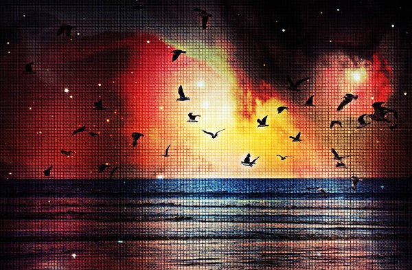 Landscape with seagulls on the Minerton beach at sunrise mixed media