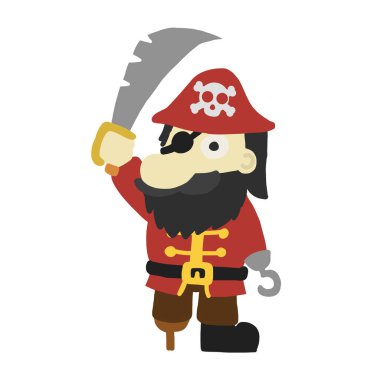 Cartoon funny pirate one-legged with hook in flat style. Vector character isolated on white background.