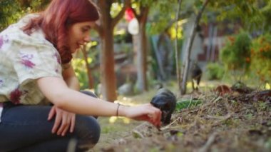 Kızıl saçlı kız evcil kedilerle oynuyor. 