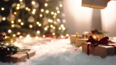 Noel Baba 'nın yakın çekim yeri, trenin altında Noel hediyeleri taşır.