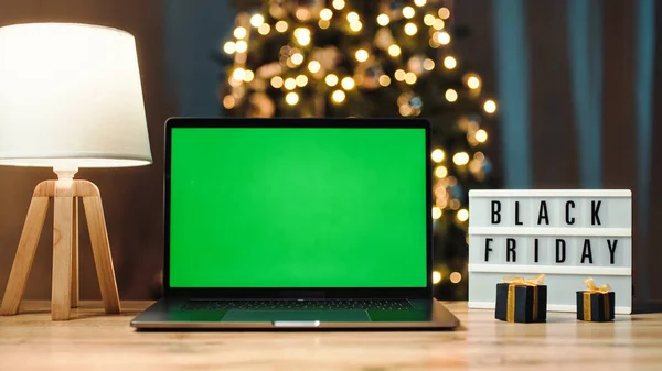 Notebook Green Screen Black Friday Sign Desk — Stock Photo, Image