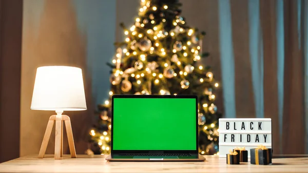 Notebook Green Screen Black Friday Sign Desk — Stock Photo, Image