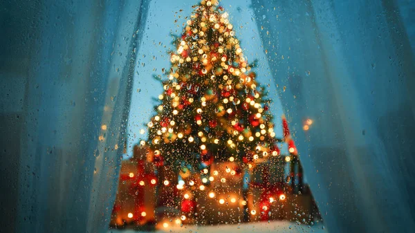Close Christmas Tree Wet Glass — Stock Photo, Image