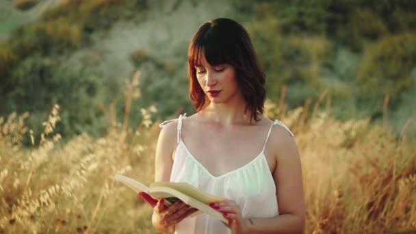 Kobieta Czyta Książkę Świeżym Powietrzu Zachodzie Słońca — Wideo stockowe