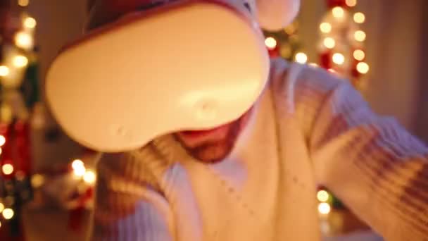 Man Playing Virtual Reality Christmas Tree — Stock Video