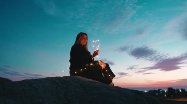 Girl Under Sunset Sky With With Fairy.