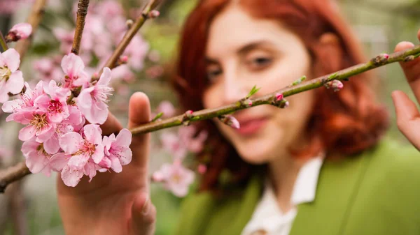 Nahaufnahme Von Mädchen Riecht Rosa Blumen — Stockfoto